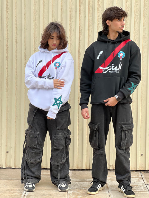 Sweat à Capuche "Héritage Maroc" - Édition Streetwear Unisexe (Noir & Blanc)